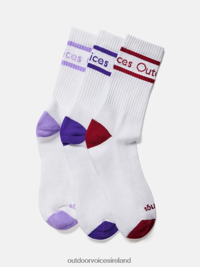 Accessory IE Outdoor Voices Unisex OV Club Crew Sock 3-Pack White/Lilac, White/Dark Purple, White/Cardinal HNT0ZV114